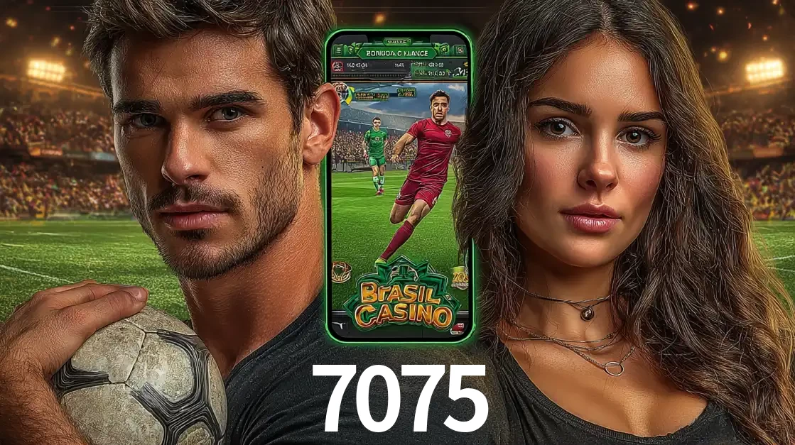 Homem segurando uma bola de futebol e uma mulher ao lado de um smartphone exibindo o jogo de apostas esportivas da 7075. Faça seu palpite no cassino online.